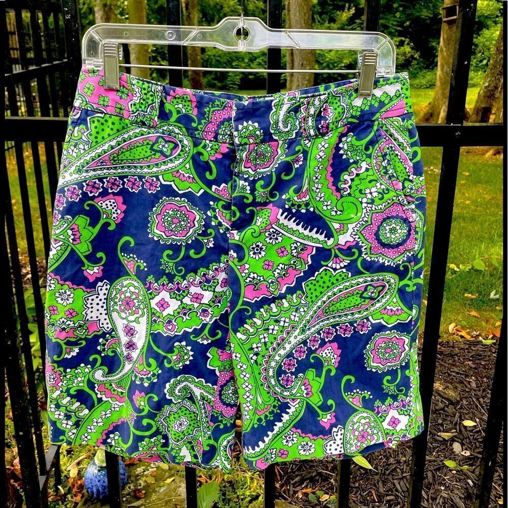 LILLY PULITZER paisley walking shorts in navy, green and pink.